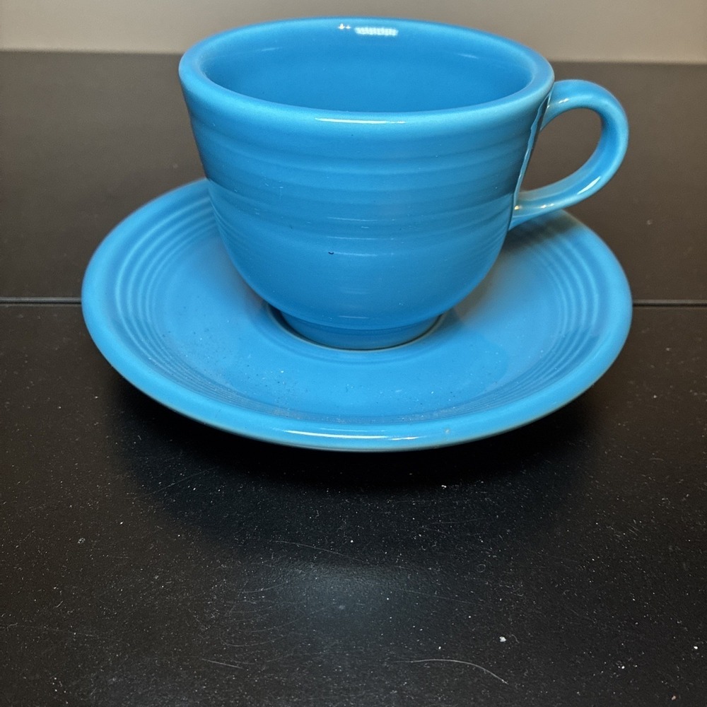 Fiestaware Fiesta TEA CUP & SAUCER Peacock Blue - retired set Homer Laughlin